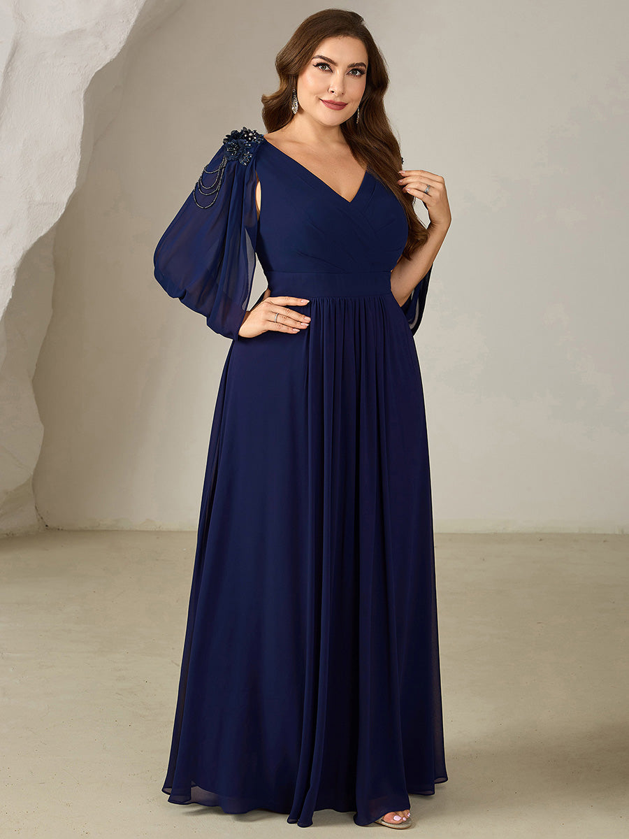 Floral Chiffon Shoulder-Drape Evening Dress #color_Navy Blue