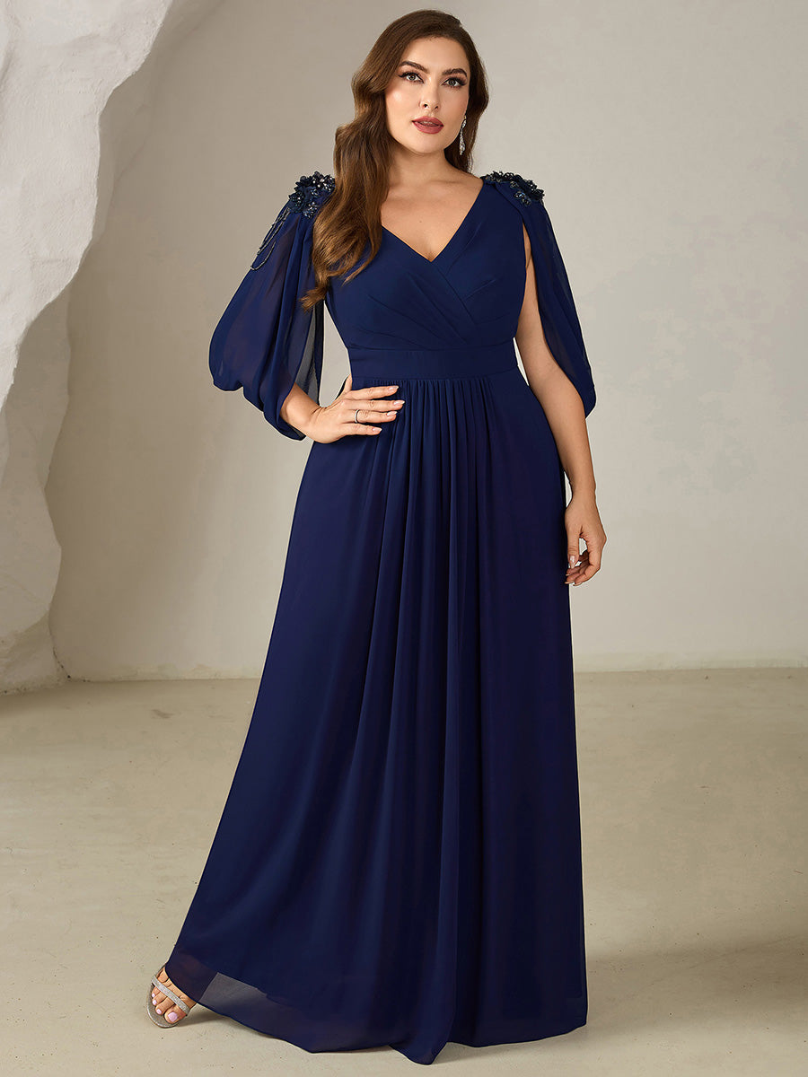 Floral Chiffon Shoulder-Drape Evening Dress #color_Navy Blue