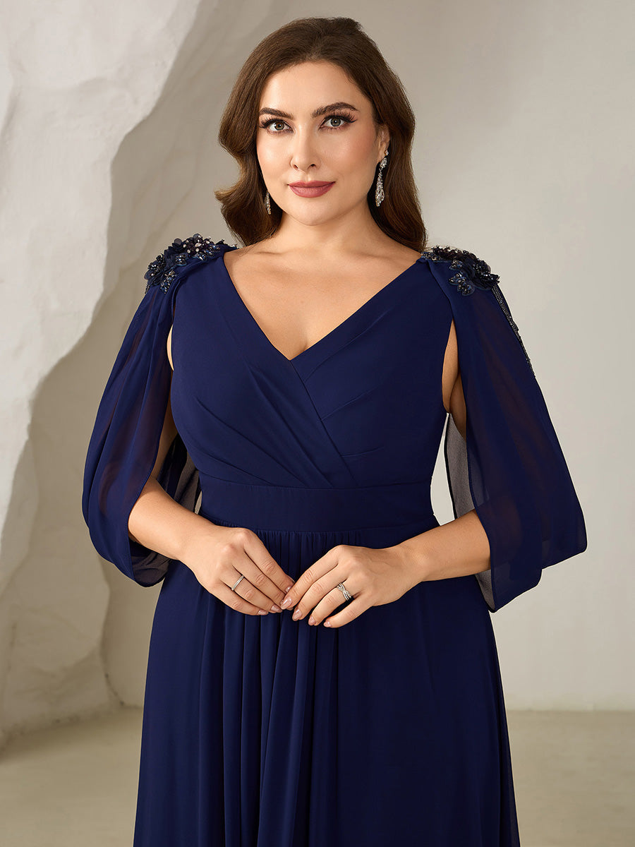 Plus Size Floral Chiffon See-Through Sleeve Evening Dress #color_Navy Blue