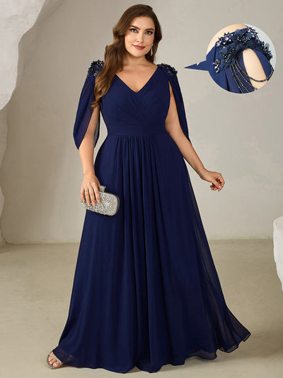 Plus Size Floral Chiffon See-Through Sleeve Evening Dress #color_Navy Blue