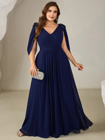 Plus Size Floral Chiffon See-Through Sleeve Evening Dress #color_Navy Blue