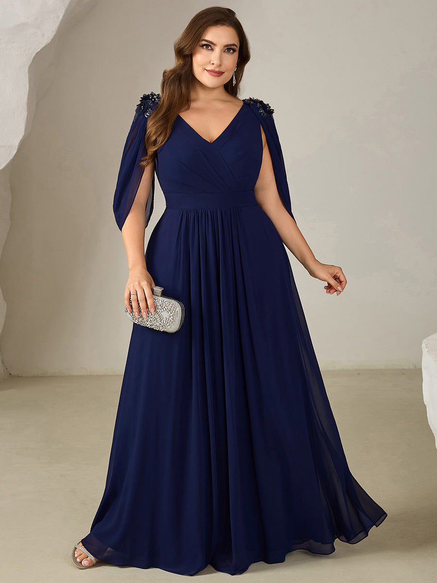 Plus Size Floral Chiffon See-Through Sleeve Evening Dress #color_Navy Blue