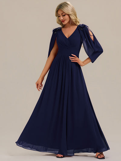 Floral Chiffon Shoulder-Drape Evening Dress #color_Navy Blue