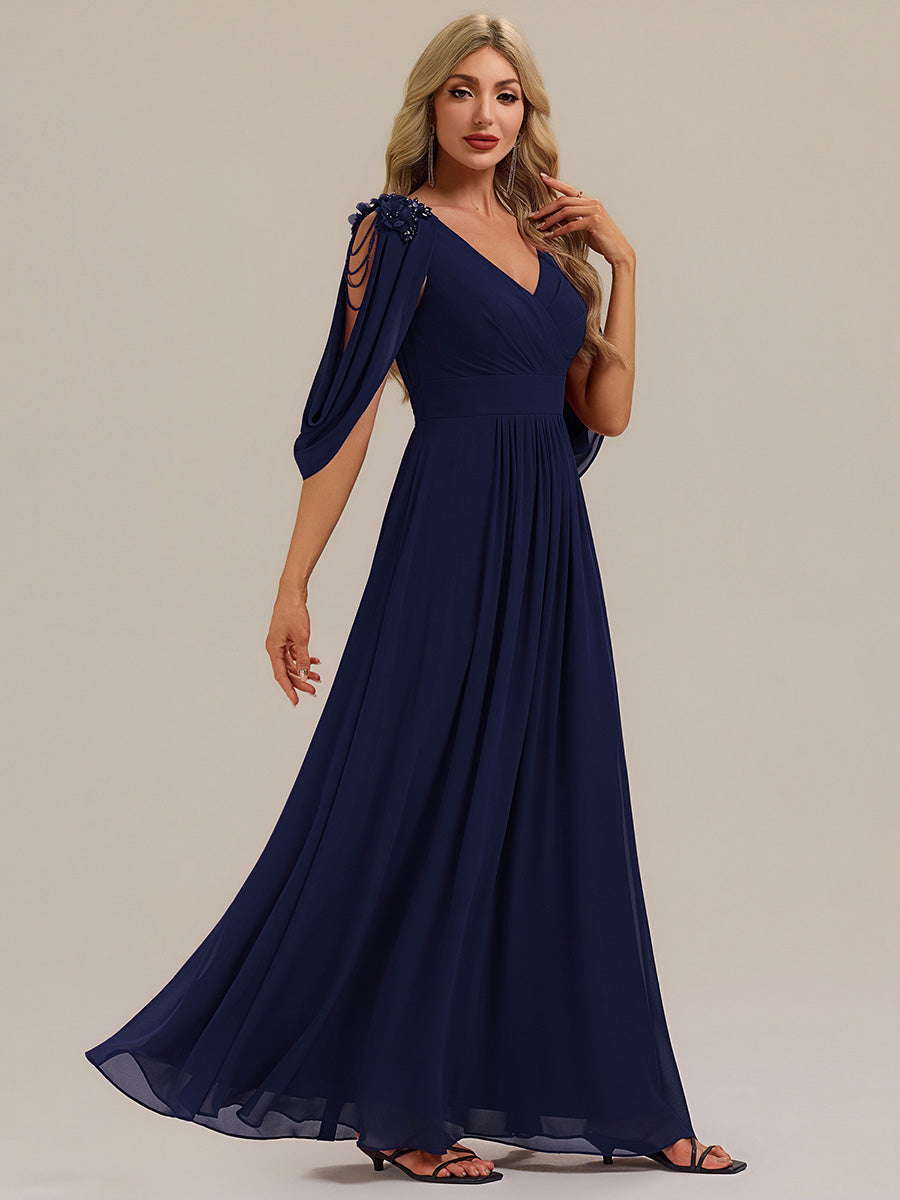 Floral Chiffon Shoulder-Drape Evening Dress #color_Navy Blue
