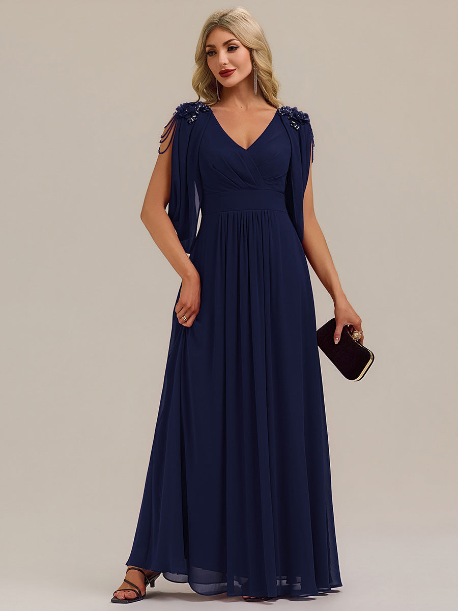 Floral Chiffon Shoulder-Drape Evening Dress #color_Navy Blue