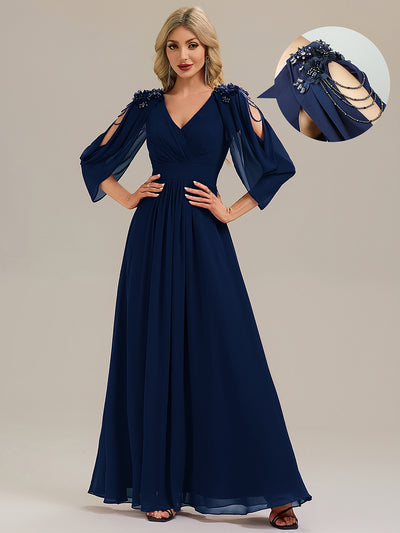 Floral Chiffon Shoulder-Drape Evening Dress #color_Navy Blue