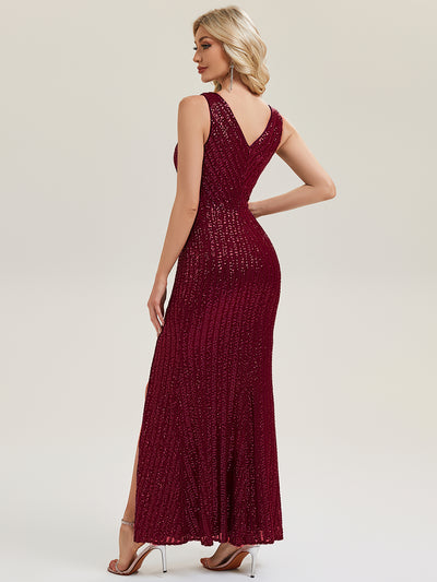 Thigh-High Slit Sequin Sleeveless Evening Dress #color_Burgundy
