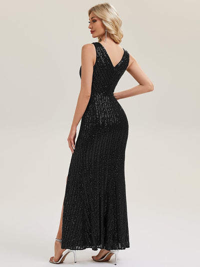 Thigh-High Slit Sequin Sleeveless Evening Dress #color_Black
