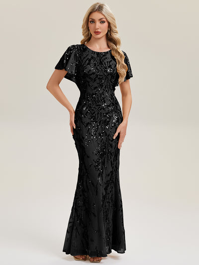 Slit Beaded Sequin Mermaid Evening Dress #color_Black
