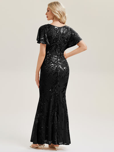 Slit Beaded Sequin Mermaid Evening Dress #color_Black