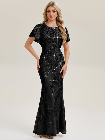 Slit Beaded Sequin Mermaid Evening Dress #color_Black
