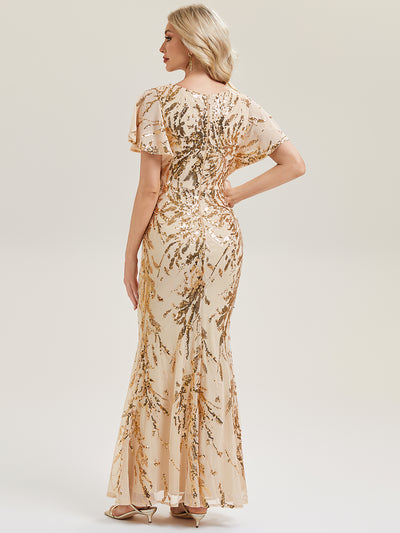 Slit Beaded Sequin Mermaid Evening Dress #color_Gold