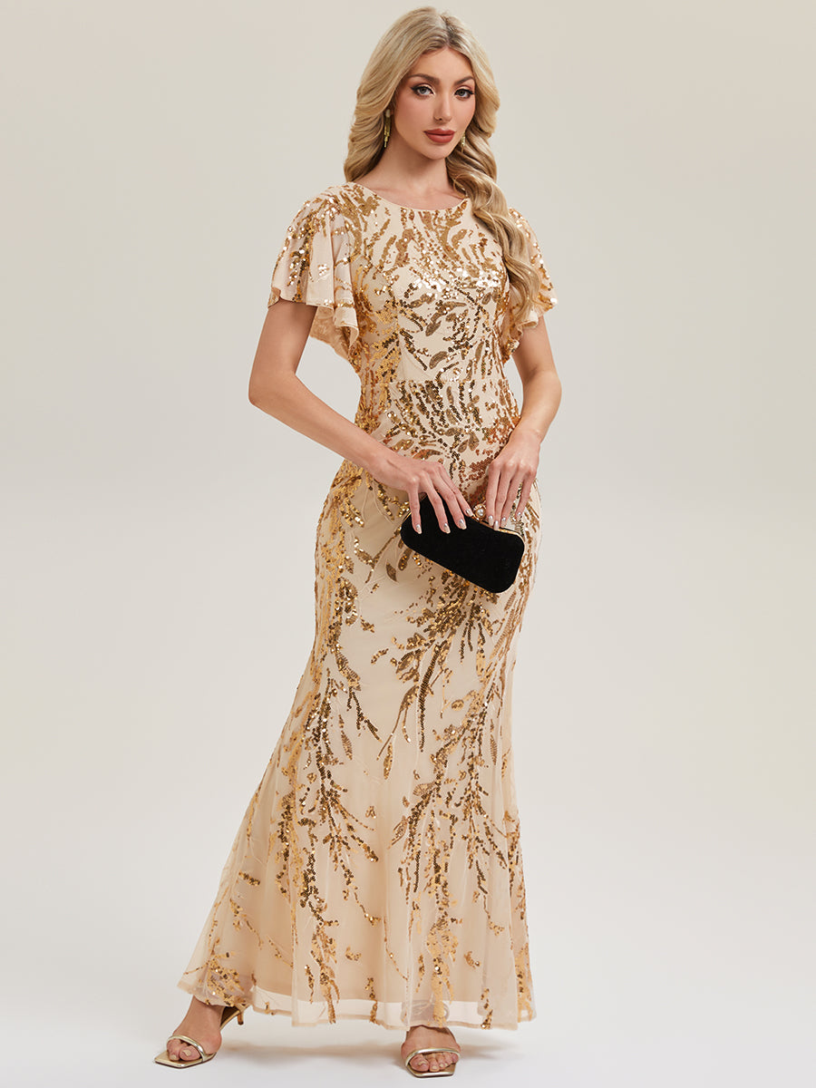 Slit Beaded Sequin Mermaid Evening Dress #color_Gold