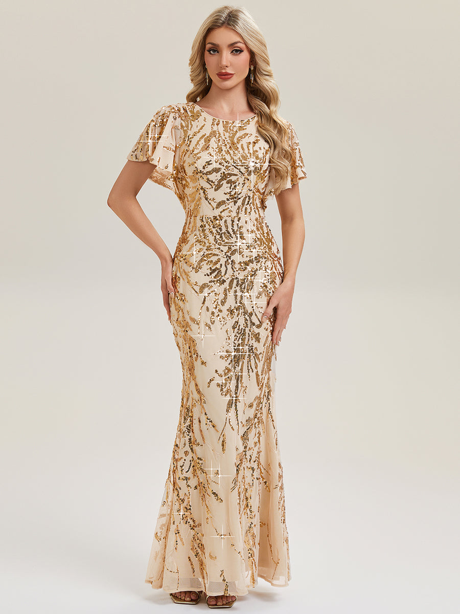 Slit Beaded Sequin Mermaid Evening Dress #color_Gold