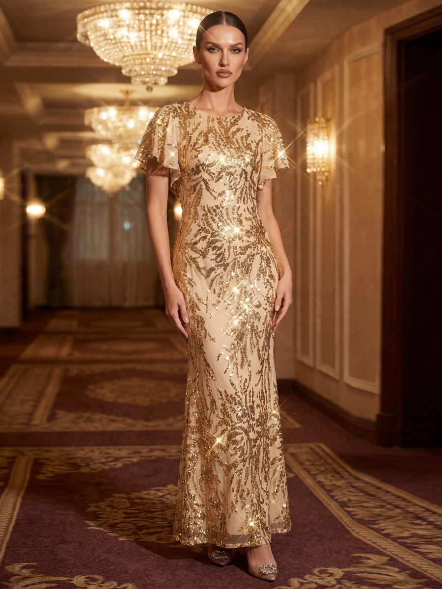 Slit Beaded Sequin Mermaid Evening Dress #color_Gold