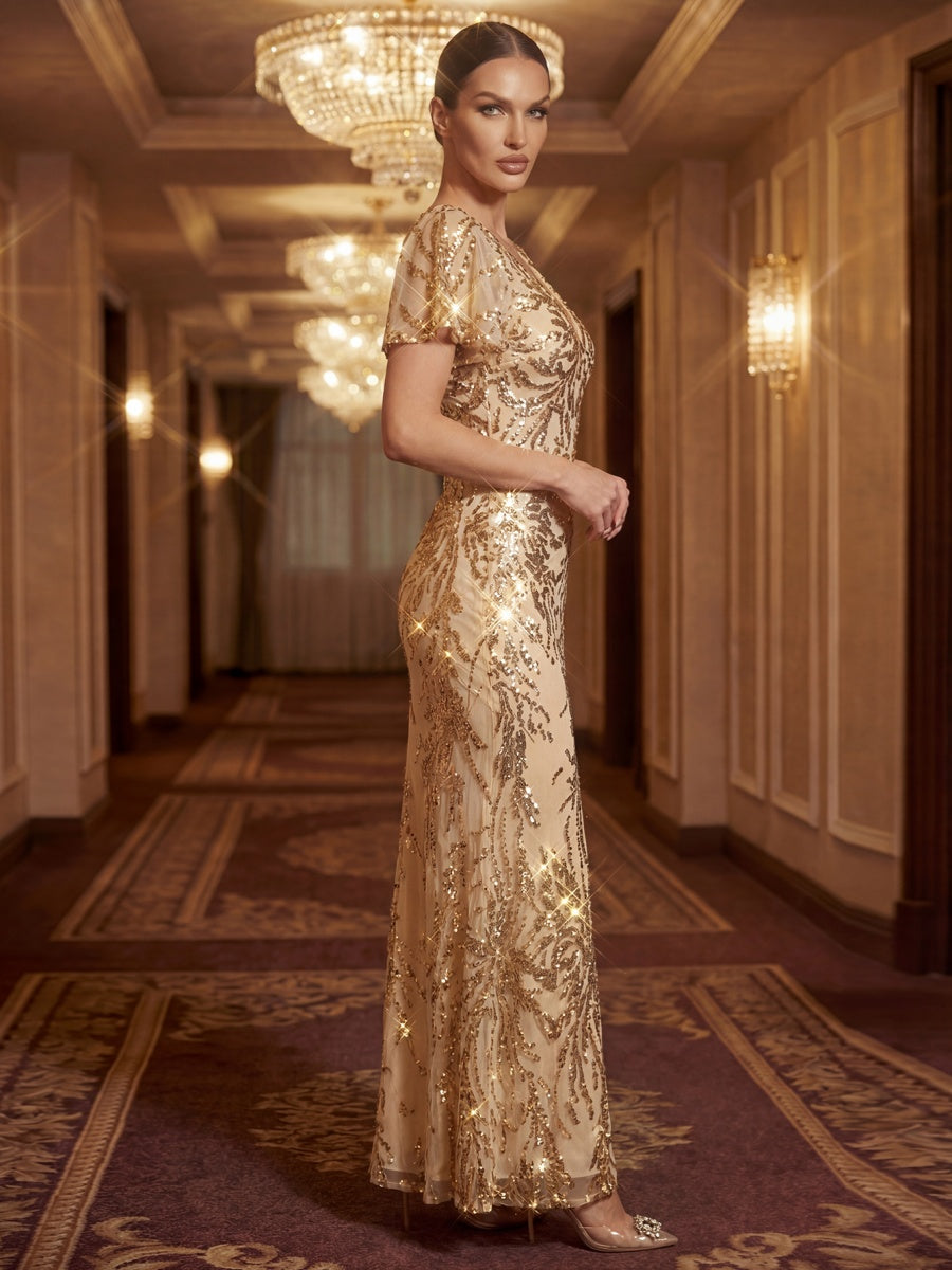 Slit Beaded Sequin Mermaid Evening Dress #color_Gold