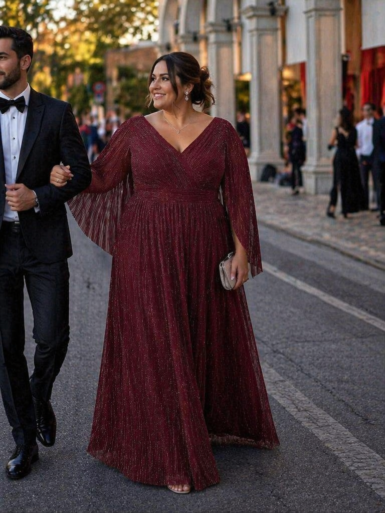 Plus Size Glittery Empire Waist Batwing Sleeve Evening Dress #color_Burgundy