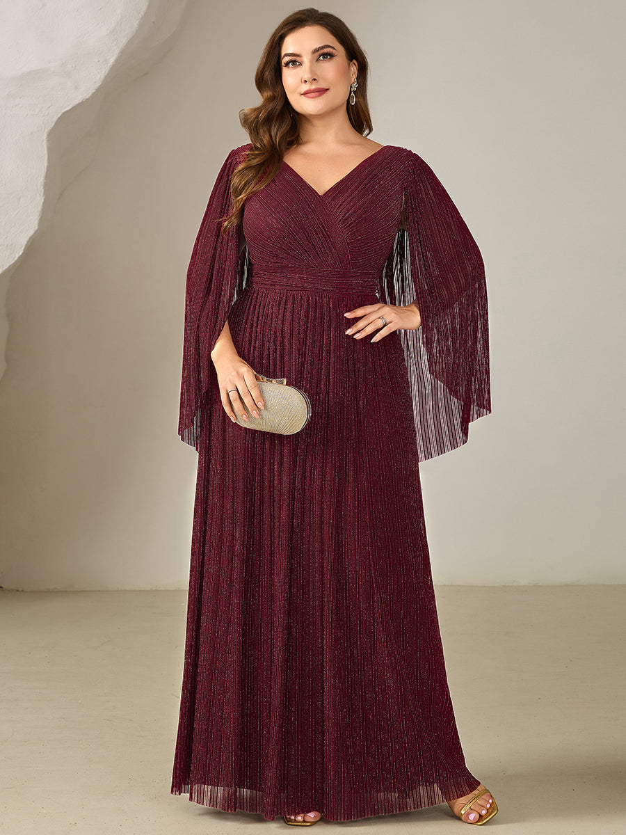 Deep V-Neck Mesh Batwing Sleeve Evening Dress #color_Burgundy