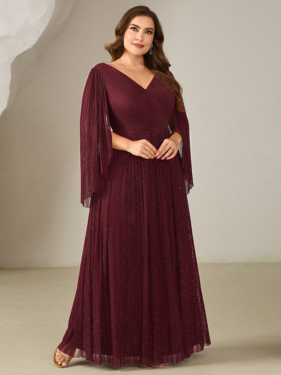 Plus Size Glittery Empire Waist Batwing Sleeve Evening Dress #color_Burgundy