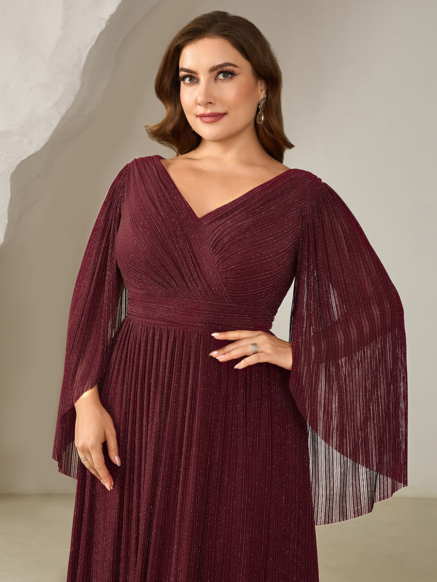 Plus Size Glittery Empire Waist Batwing Sleeve Evening Dress #color_Burgundy