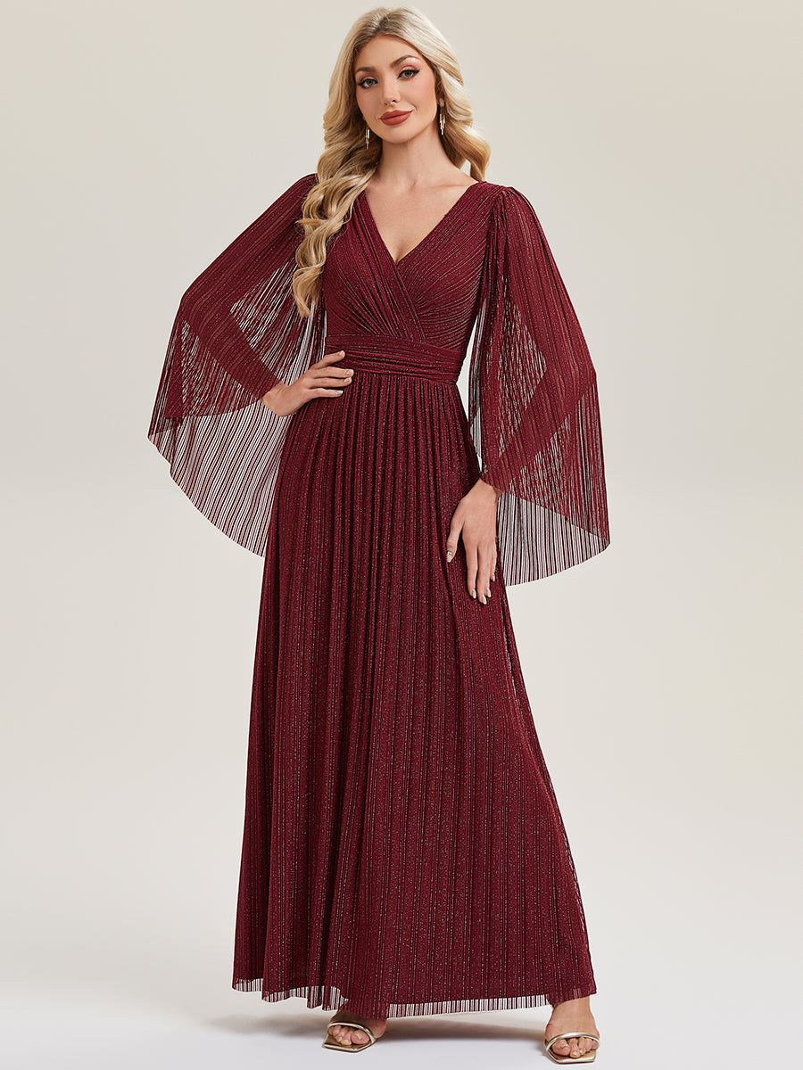 Deep V-Neck Mesh Batwing Sleeve Evening Dress #color_Burgundy