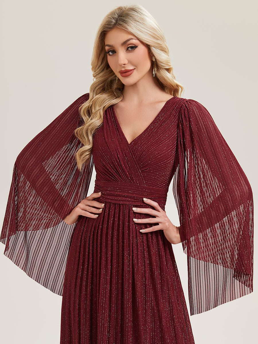 Glittery Empire Waist Batwing Sleeve Mother of the Bride Dress #color_Burgundy