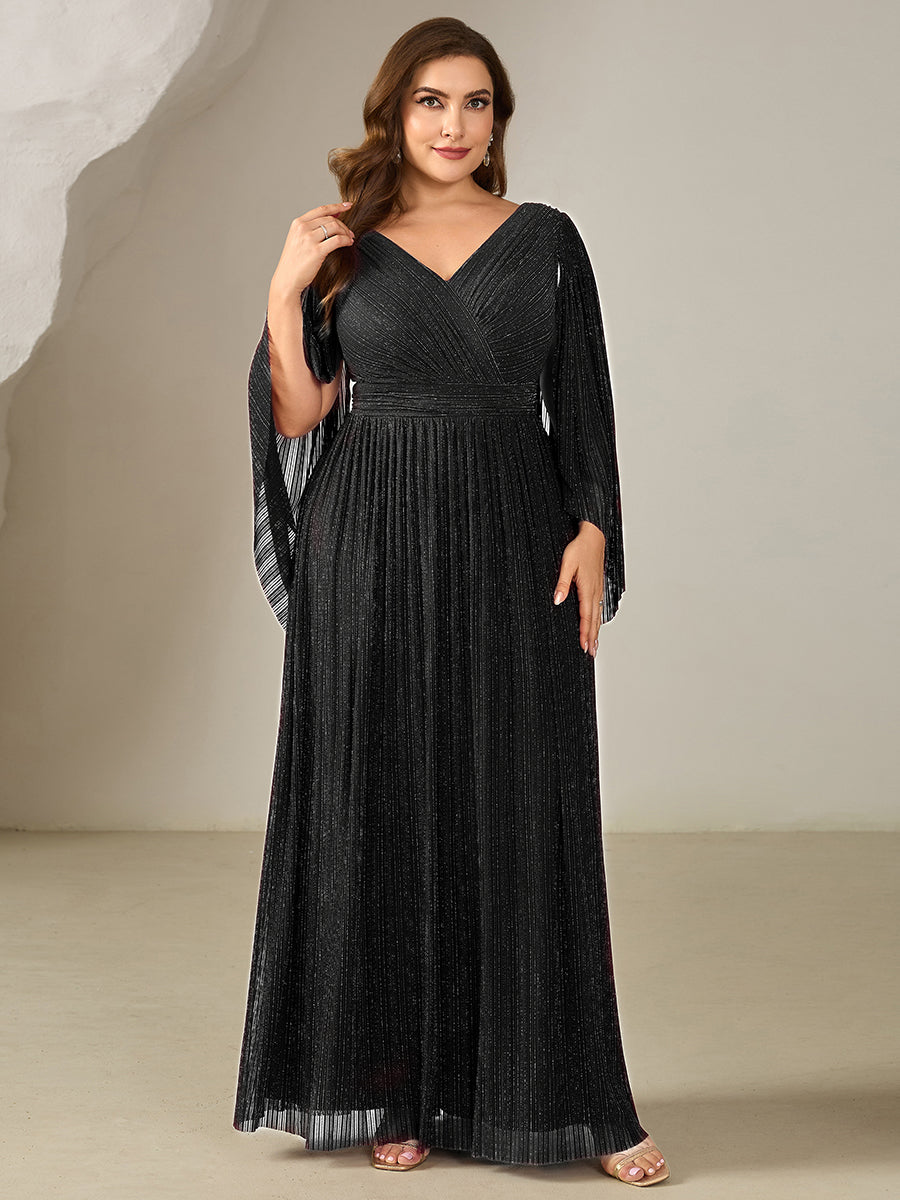 Ever-Pretty Inclusive Plus Size Glitter Pleated V-Neck Mother of the Bride Dress with Batwing Sleeves