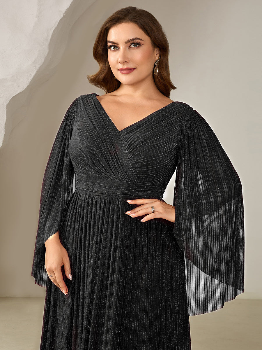 Plus Size Glittery Empire Waist Batwing Sleeve Evening Dress #color_Black