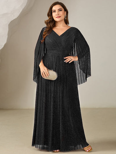 Plus Size Glittery Empire Waist Batwing Sleeve Mother of the Bride Dress #color_Black