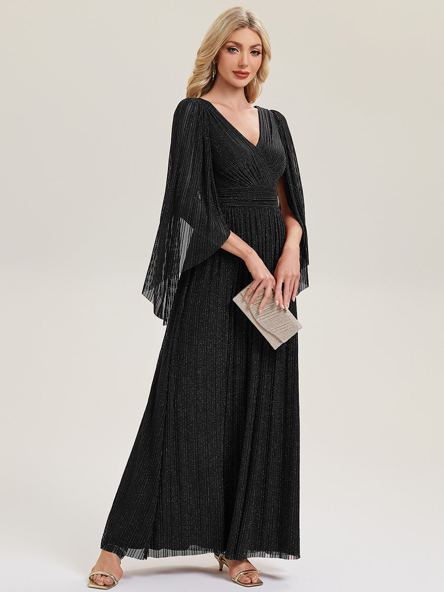 Deep V-Neck Mesh Batwing Sleeve Evening Dress #color_Black