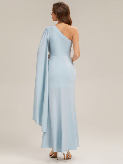 Flowing Ribbons Knit Cape Sleeve Evening Dress #color_Sky Blue