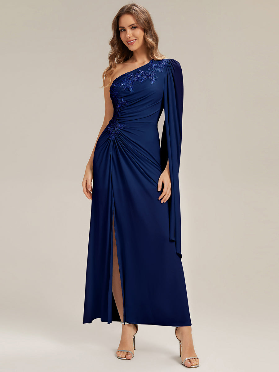 Flowing Ribbons Knit Cape Sleeve Evening Dress #color_Navy Blue