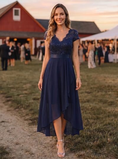 Deep V-Neck Chiffon Cap Sleeve Evening Dress #color_Navy Blue