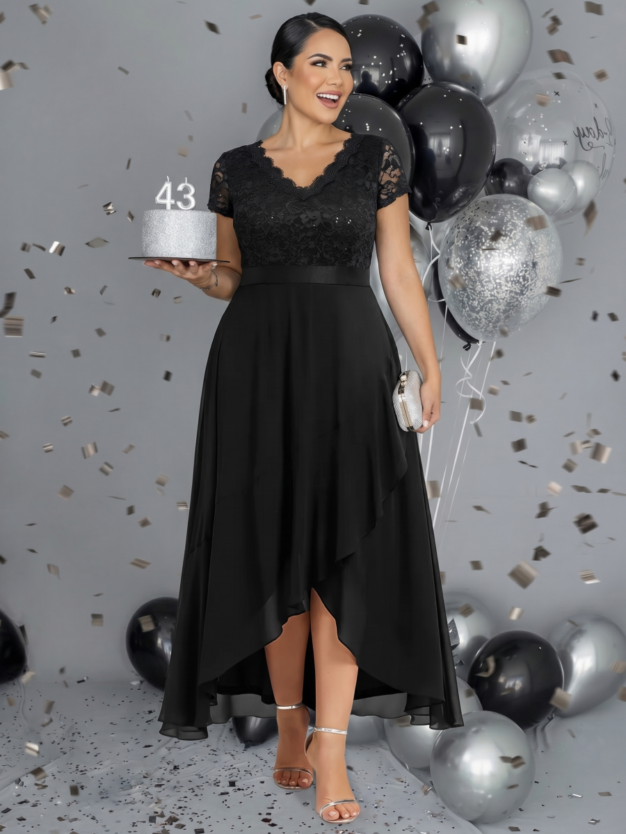 Plus Size Deep V-Neck Chiffon Evening Dress #color_Black