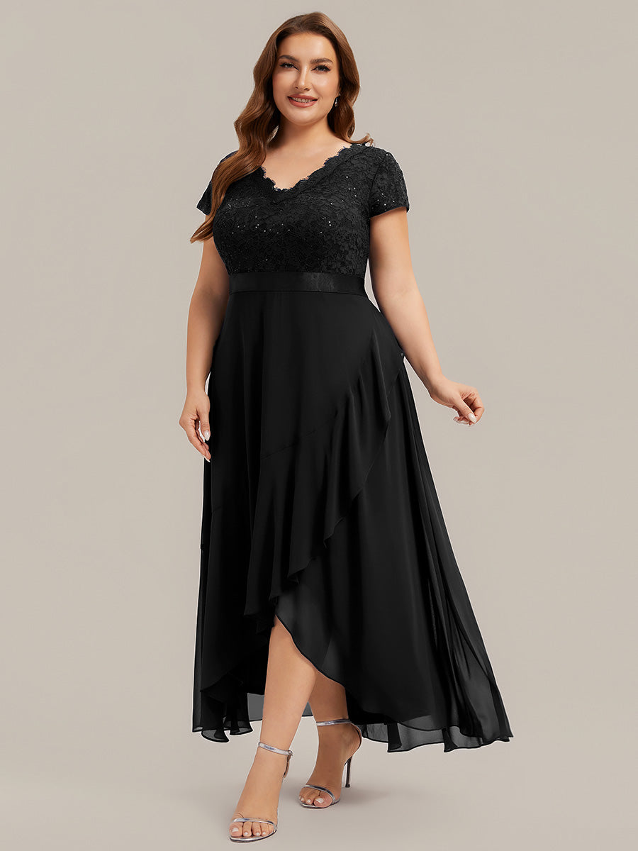 Deep V-Neck Chiffon Cap Sleeve Evening Dress #color_Black