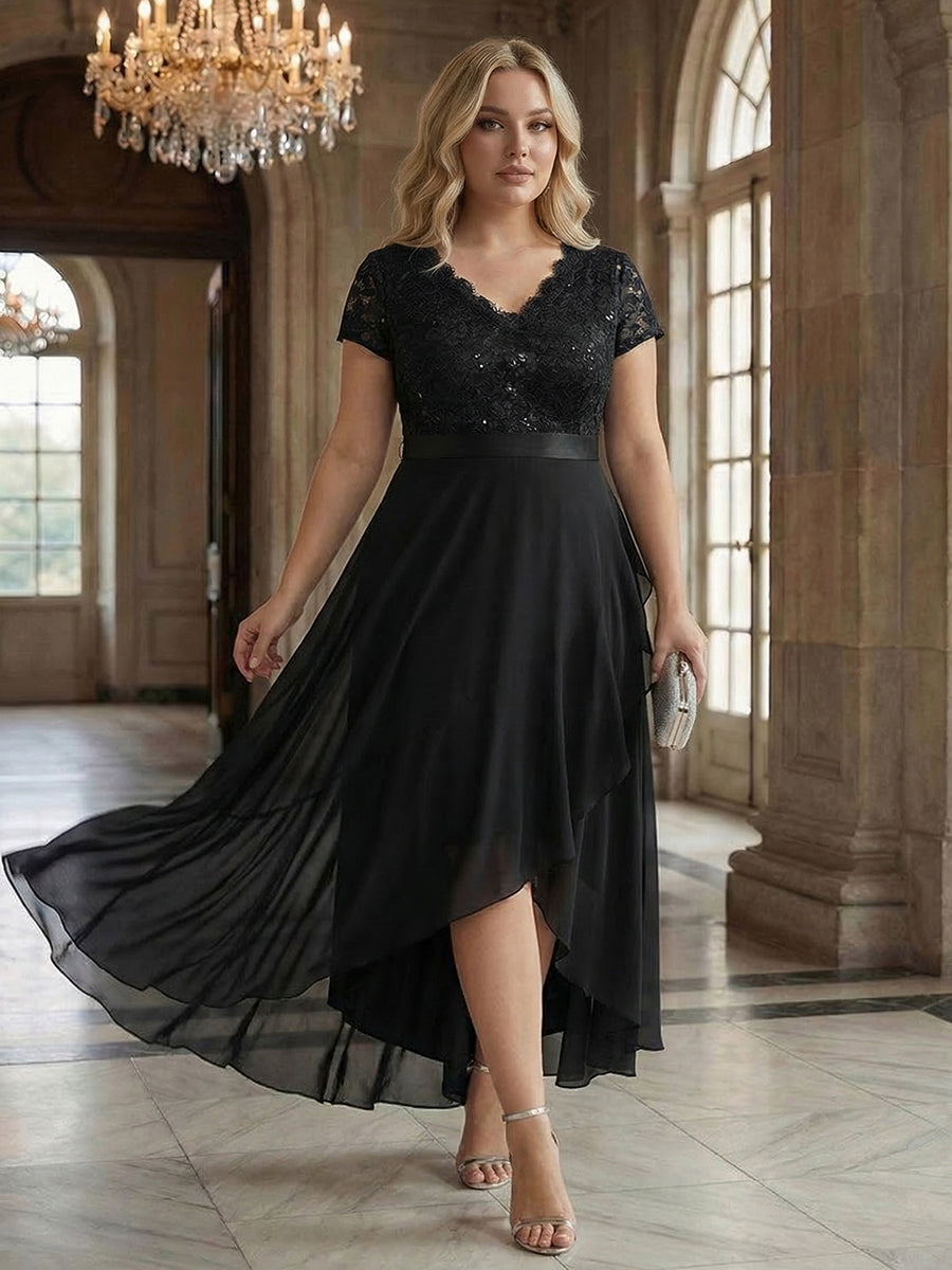 Deep V-Neck Chiffon Cap Sleeve Evening Dress #color_Black
