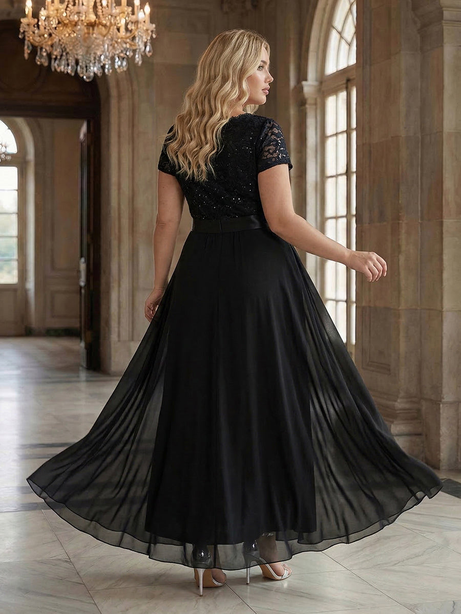 Deep V-Neck Chiffon Cap Sleeve Evening Dress #color_Black