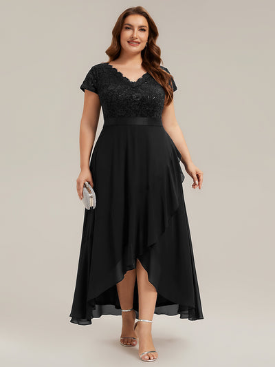 Plus Size Deep V-Neck Chiffon Evening Dress #color_Black
