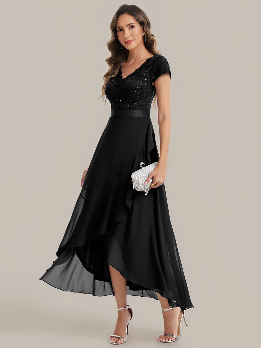 Deep V-Neck Chiffon Cap Sleeve Evening Dress #color_Black