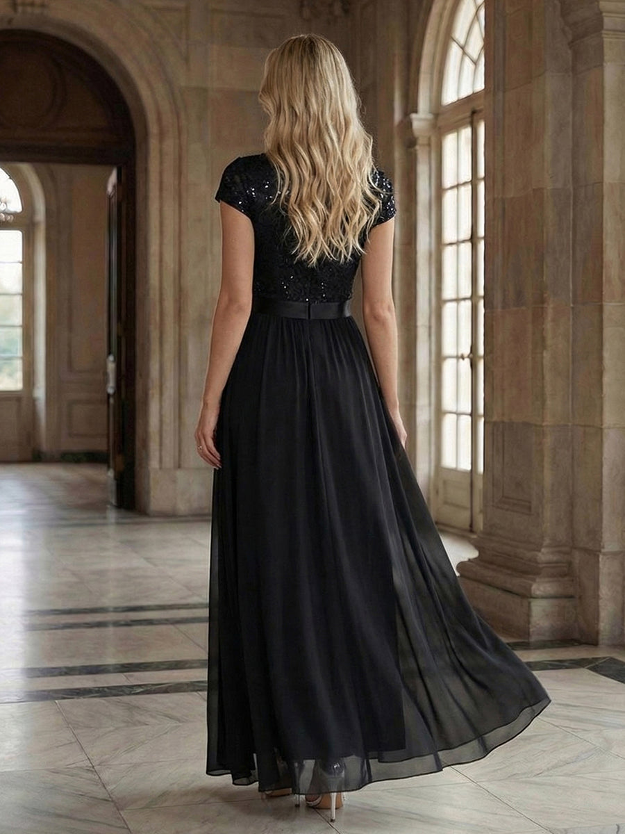 Deep V-Neck Chiffon Cap Sleeve Evening Dress #color_Black