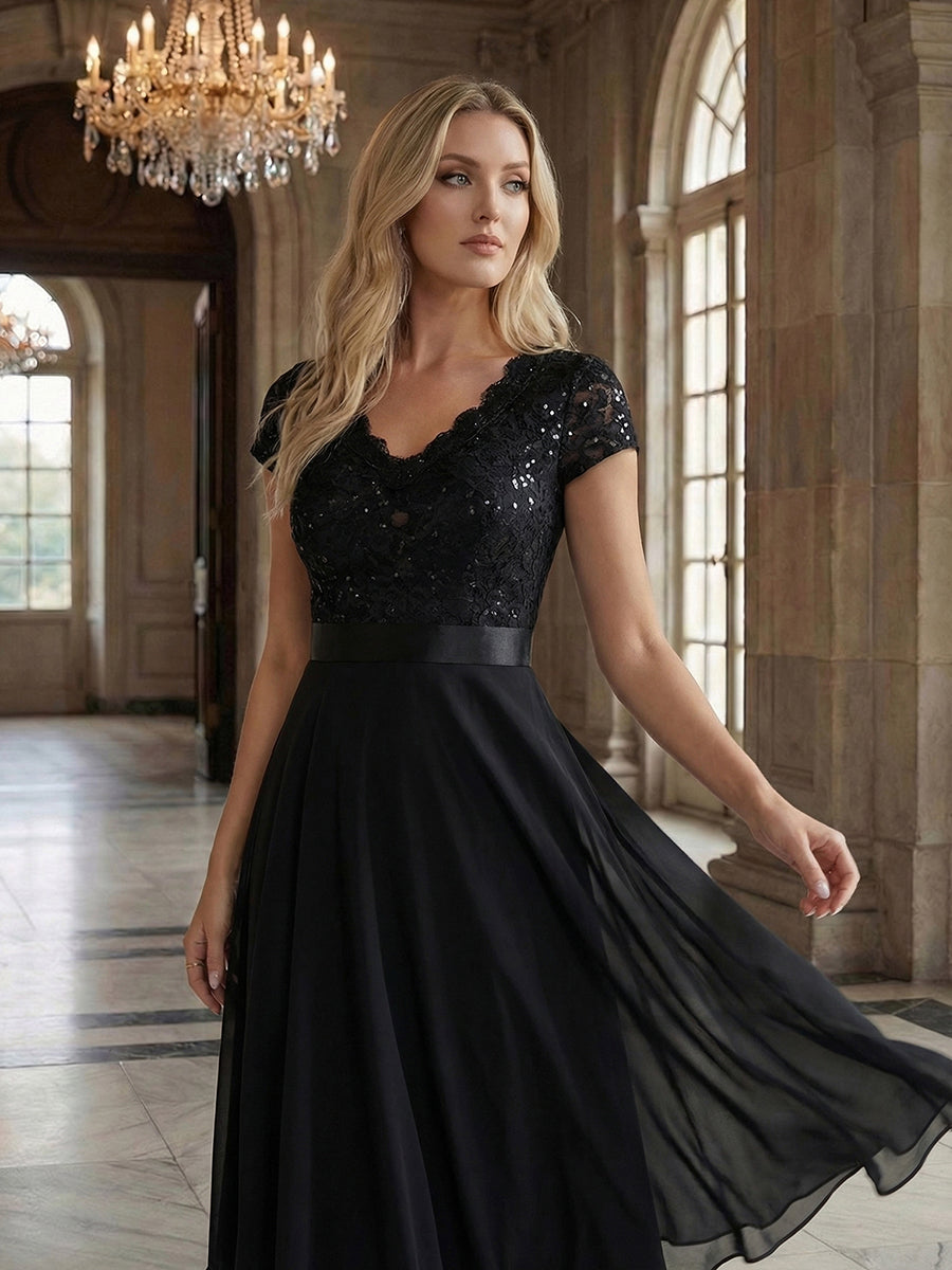 Deep V-Neck Chiffon Cap Sleeve Evening Dress #color_Black