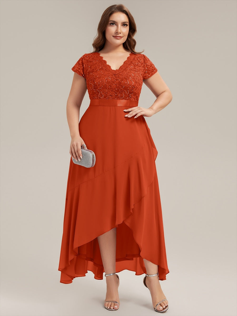 Plus Size Deep V-Neck Chiffon Evening Dress #color_Burnt Orange