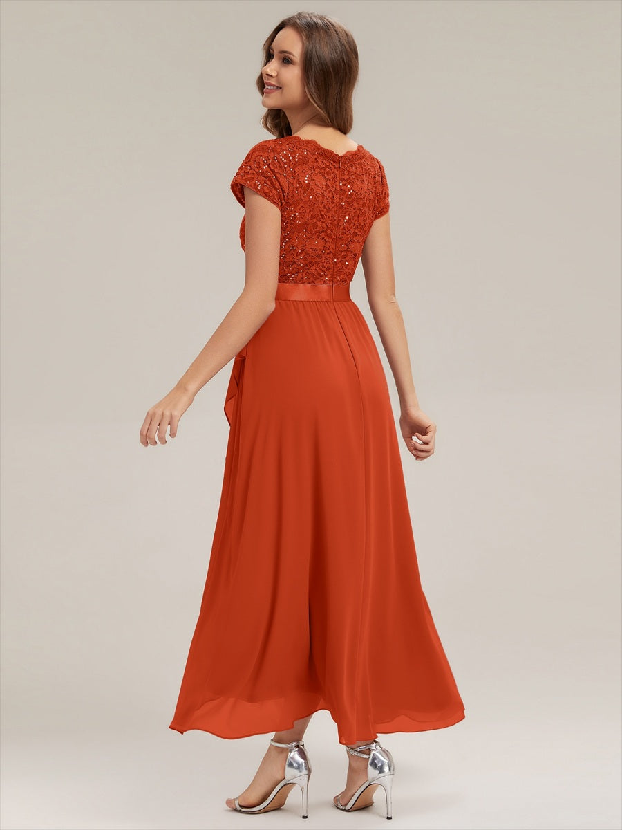 Deep V-Neck Chiffon Cap Sleeve Evening Dress #color_Burnt Orange