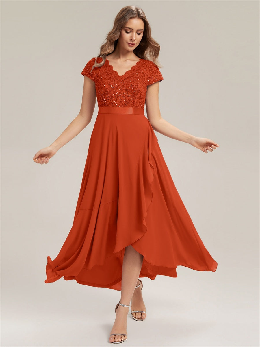 Deep V-Neck Chiffon Cap Sleeve Evening Dress #color_Burnt Orange
