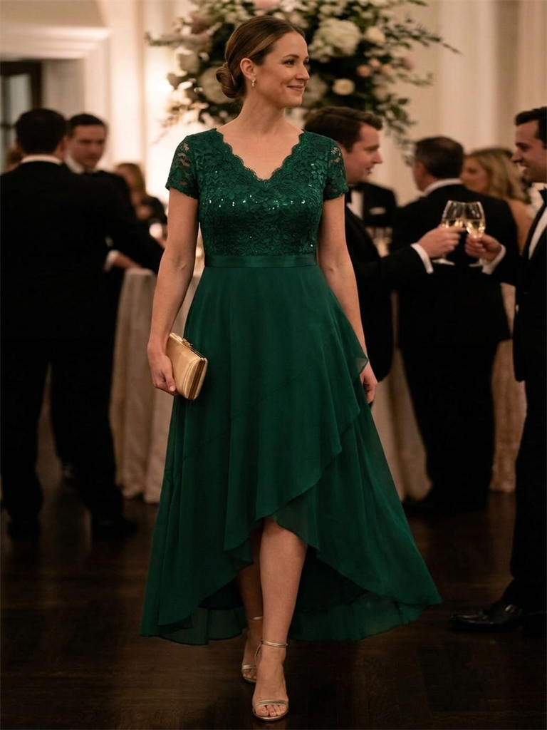 Plus Size Deep V-Neck Chiffon Evening Dress #color_Dark Green