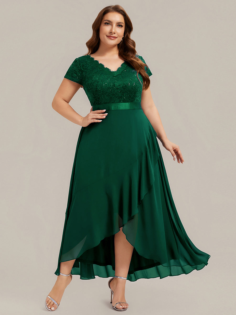 Plus Size Deep V-Neck Chiffon Evening Dress #color_Dark Green