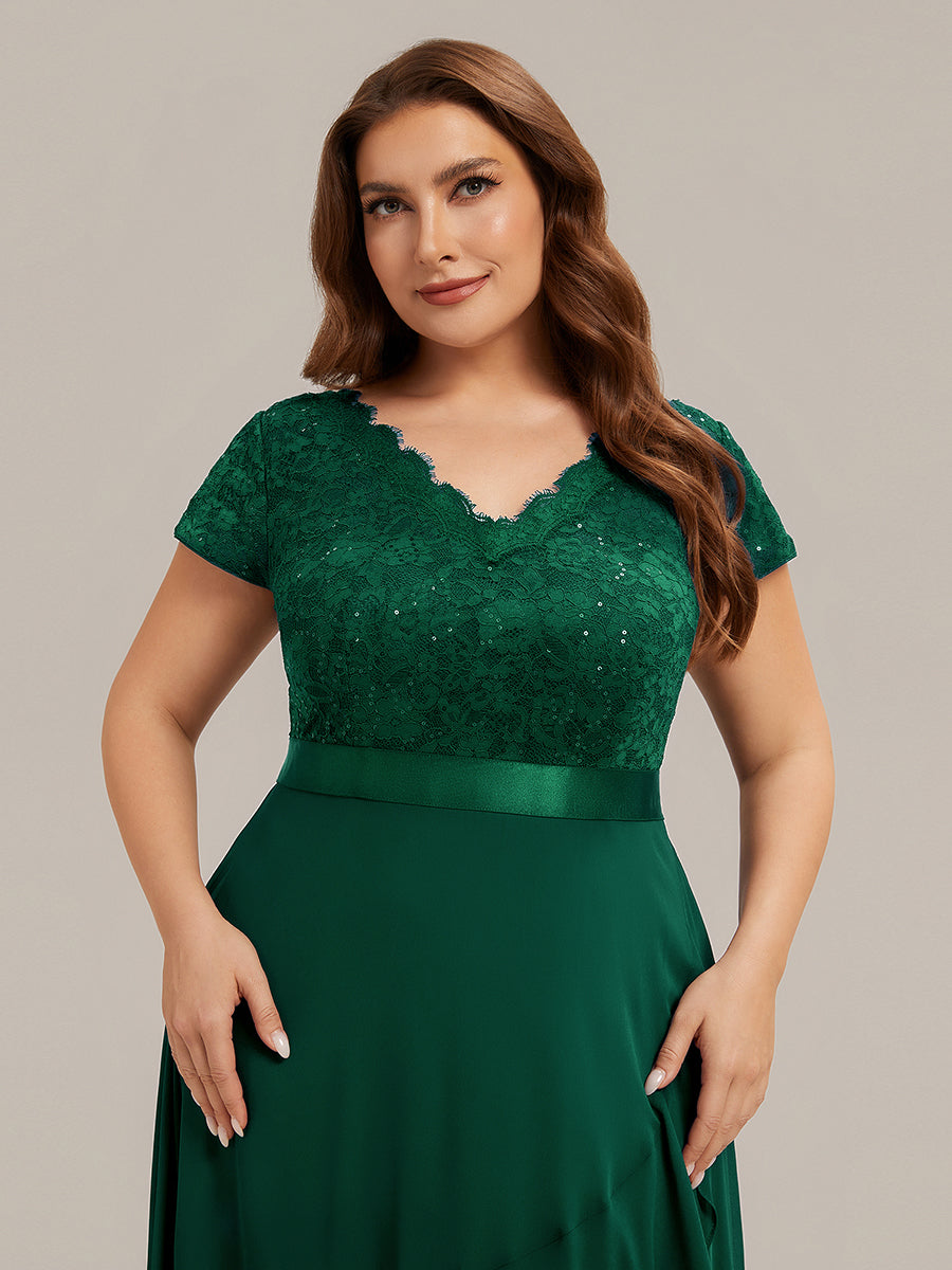 Plus Size Deep V-Neck Chiffon Evening Dress #color_Dark Green