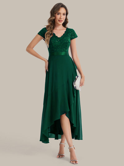 Deep V-Neck Lace Cap Sleeve Evening Dress