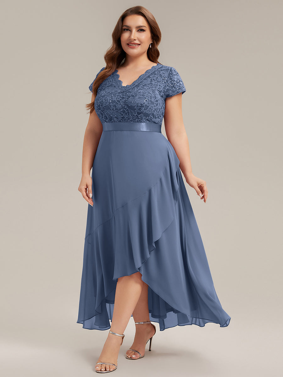 Deep V-Neck Chiffon Cap Sleeve Evening Dress #color_Dusty Blue