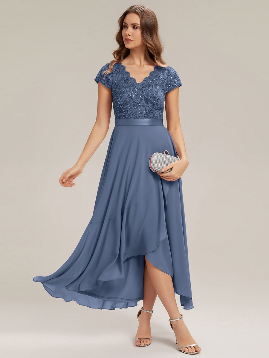 Deep V-Neck Chiffon Cap Sleeve Evening Dress #color_Dusty Blue